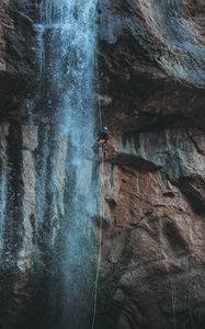 Preview wallpaper waterfall, water, rock, rock climber