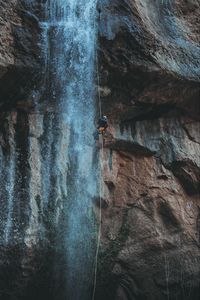Preview wallpaper waterfall, water, rock, rock climber