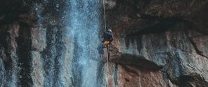 Preview wallpaper waterfall, water, rock, rock climber