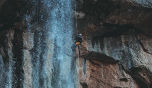 Preview wallpaper waterfall, water, rock, rock climber