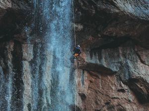 Preview wallpaper waterfall, water, rock, rock climber