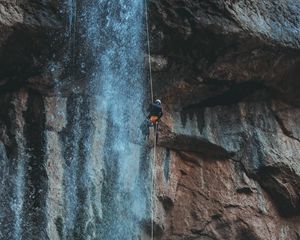 Preview wallpaper waterfall, water, rock, rock climber