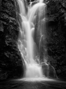 Preview wallpaper waterfall, water, rock, black and white