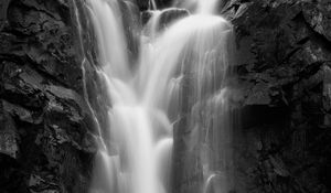 Preview wallpaper waterfall, water, rock, black and white