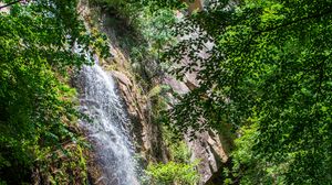 Preview wallpaper waterfall, water, rock, trees, landscape, nature