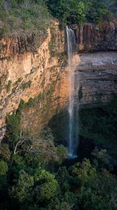 Preview wallpaper waterfall, water, rock, trees, landscape