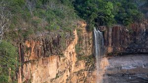 Preview wallpaper waterfall, water, rock, trees, landscape