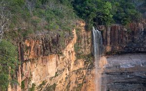 Preview wallpaper waterfall, water, rock, trees, landscape