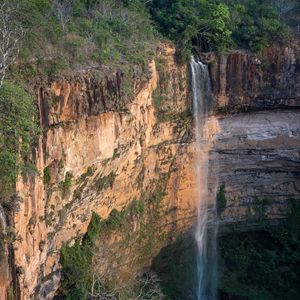 Preview wallpaper waterfall, water, rock, trees, landscape