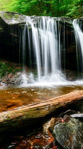 Preview wallpaper waterfall, water, rocks, landscape, log