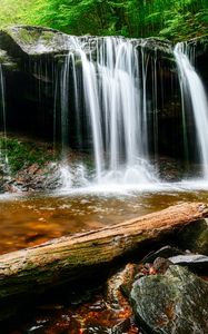 Preview wallpaper waterfall, water, rocks, landscape, log