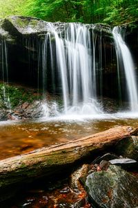 Preview wallpaper waterfall, water, rocks, landscape, log
