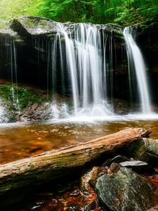 Preview wallpaper waterfall, water, rocks, landscape, log