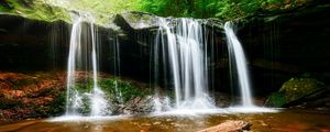 Preview wallpaper waterfall, water, rocks, landscape, log