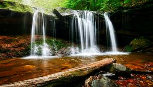 Preview wallpaper waterfall, water, rocks, landscape, log
