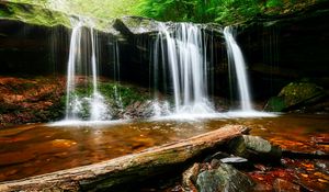 Preview wallpaper waterfall, water, rocks, landscape, log