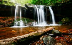 Preview wallpaper waterfall, water, rocks, landscape, log