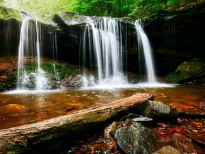 Preview wallpaper waterfall, water, rocks, landscape, log