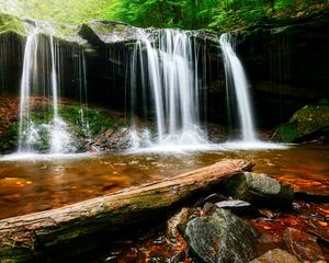 Preview wallpaper waterfall, water, rocks, landscape, log