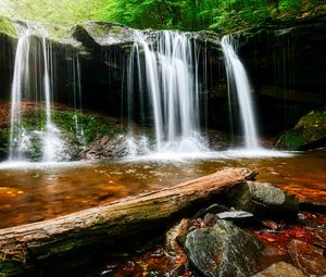 Preview wallpaper waterfall, water, rocks, landscape, log