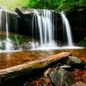 Preview wallpaper waterfall, water, rocks, landscape, log