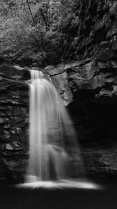 Preview wallpaper waterfall, water, rocks, nature, bw