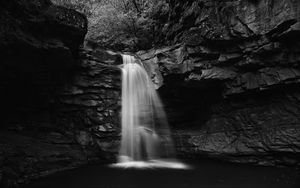 Preview wallpaper waterfall, water, rocks, nature, bw