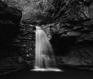 Preview wallpaper waterfall, water, rocks, nature, bw