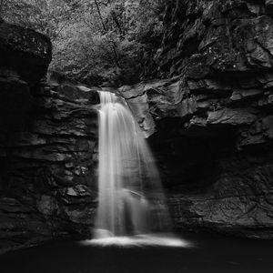 Preview wallpaper waterfall, water, rocks, nature, bw