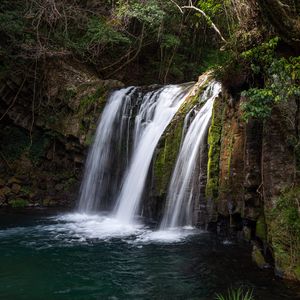 Preview wallpaper waterfall, water, rocks, trees, nature