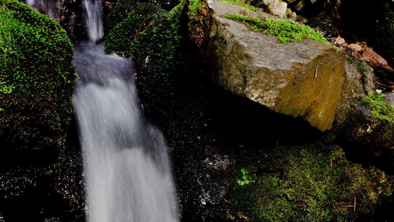 Wallpaper waterfall, water, stones, moss, nature