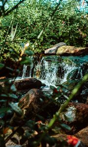 Preview wallpaper waterfall, water, stones, river, bushes