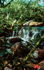 Preview wallpaper waterfall, water, stones, river, bushes