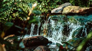 Preview wallpaper waterfall, water, stones, river, bushes