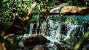 Preview wallpaper waterfall, water, stones, river, bushes