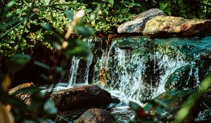 Preview wallpaper waterfall, water, stones, river, bushes