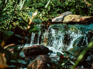 Preview wallpaper waterfall, water, stones, river, bushes