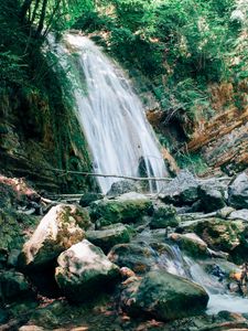 Preview wallpaper waterfall, water, stones, stream, nature