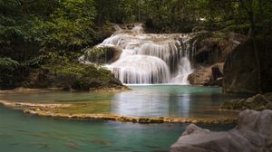 Preview wallpaper waterfall, water, stones, branches, trees
