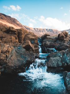 Preview wallpaper waterfall, water, stones, rocks, sky