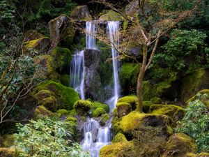 Preview wallpaper waterfall, water, stones, moss, trees, nature