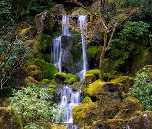 Preview wallpaper waterfall, water, stones, moss, trees, nature
