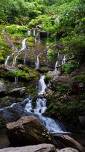 Preview wallpaper waterfall, water, stones, trees, nature, landscape