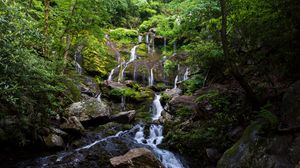 Preview wallpaper waterfall, water, stones, trees, nature, landscape