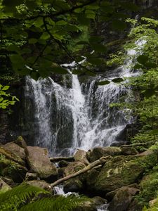 Preview wallpaper waterfall, water, stones, leaves, nature, landscape