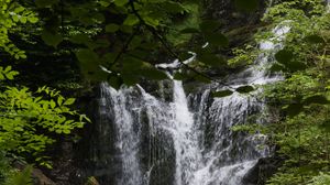 Preview wallpaper waterfall, water, stones, leaves, nature, landscape