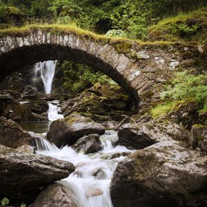 Preview wallpaper waterfall, water, stones, bridge, nature