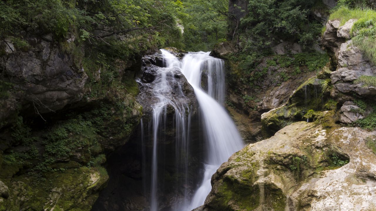 Wallpaper waterfall, water, trees, rocks, nature, landscape