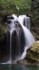 Preview wallpaper waterfall, water, trees, rocks, nature, landscape