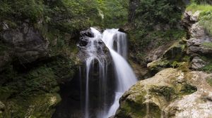Preview wallpaper waterfall, water, trees, rocks, nature, landscape